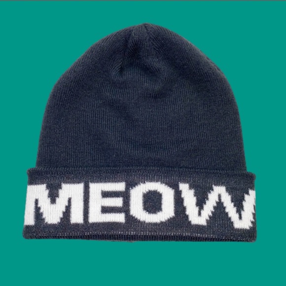 Dolls Kill Meow Kitty Black Knit Fold-over Beanie - Picture 1 of 8